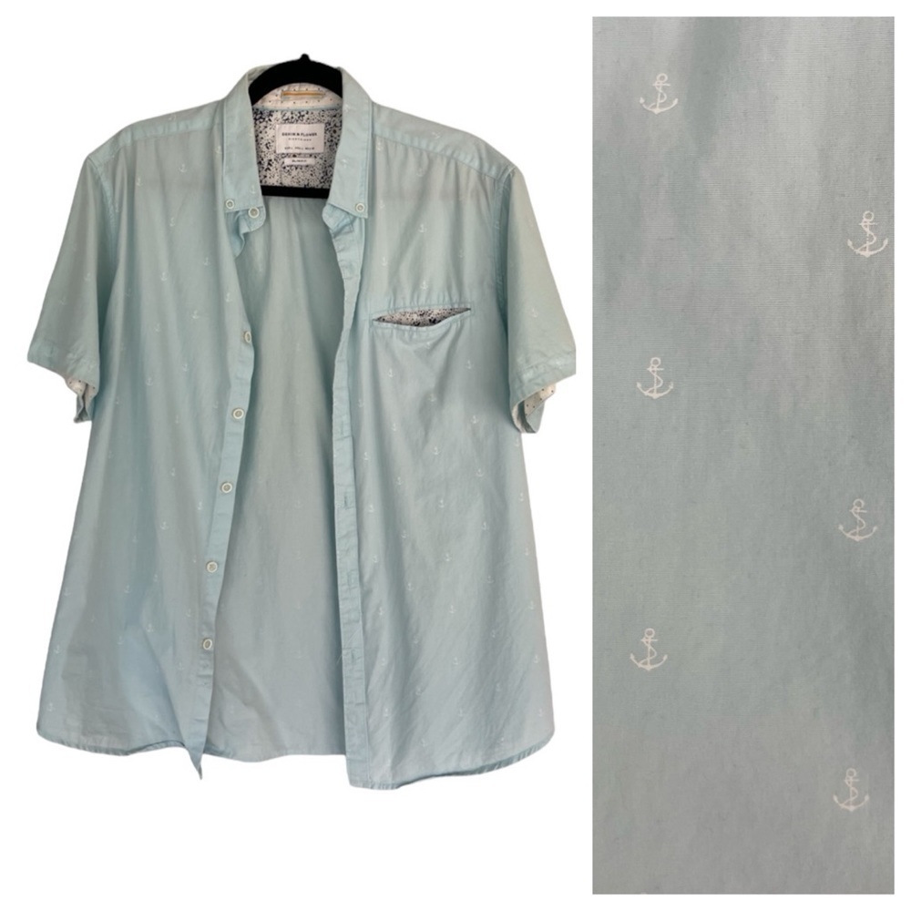 Denim & Flower Ricky Singh Cotton Anchor Print Short Sleeve Button Down Shirt